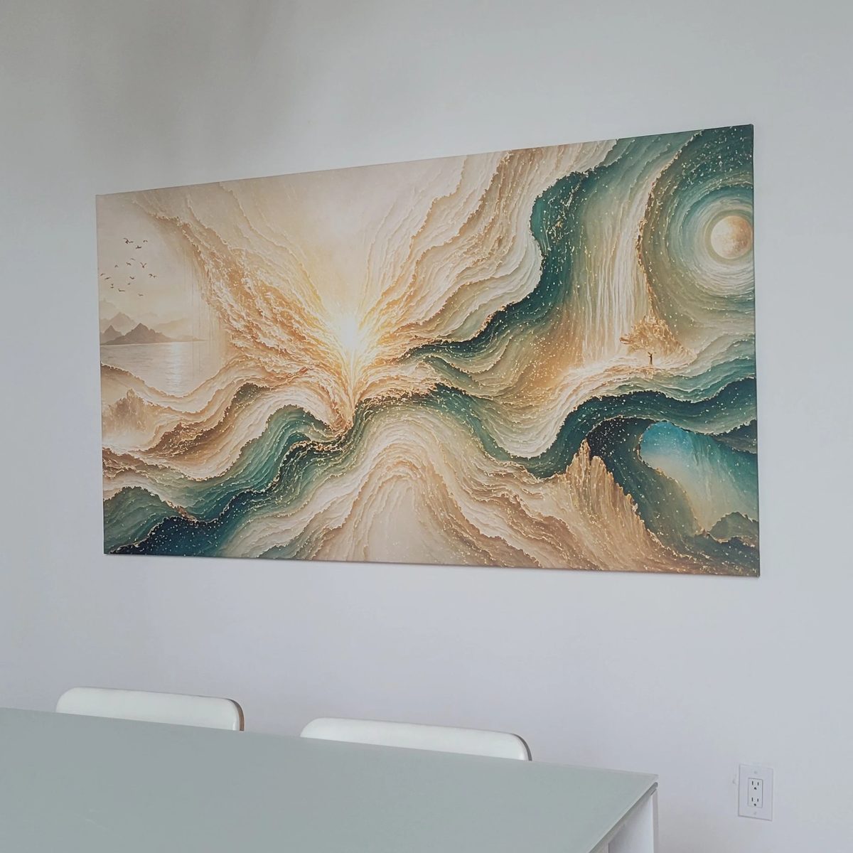 Customer photo — canvas artwork hung above a dining table